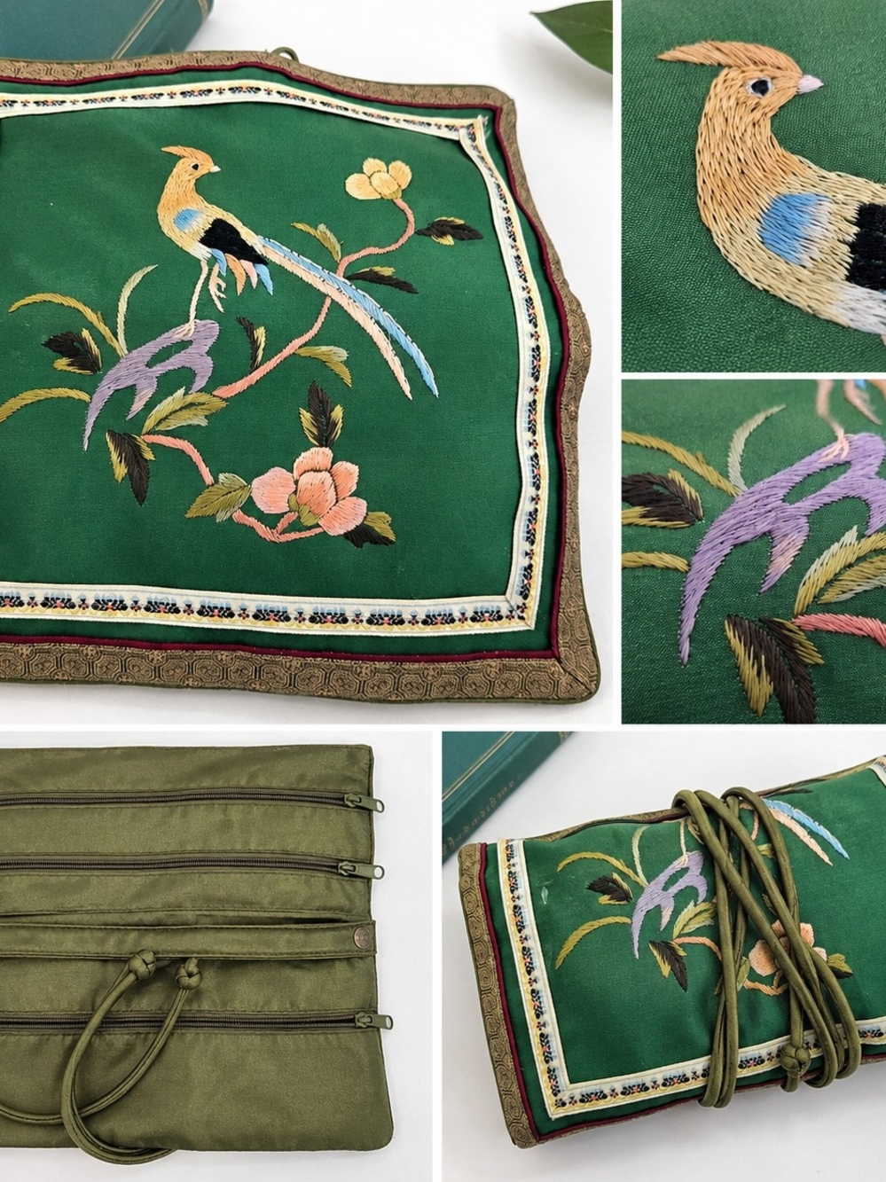 Vintage Embroidered Satin Travel Jewelry Wrap Organizer Bag